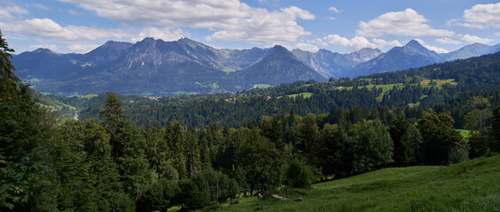 Fototapeta na wymiar Bergpanorama vom Aussichtspunkt Alpe Dornach auf die Berggipfel östlich von Oberstdorf