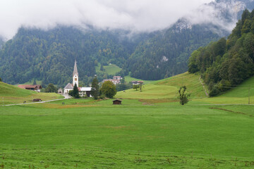 Fototapeta na wymiar Blick über die grünen Almwiesen im Tiefenbacher Ortsteil Wasach