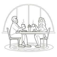 Coloring book, future family young man and woman drinking tea or coffee with sweet pastries by the big window. Vector illustration kids black white line art