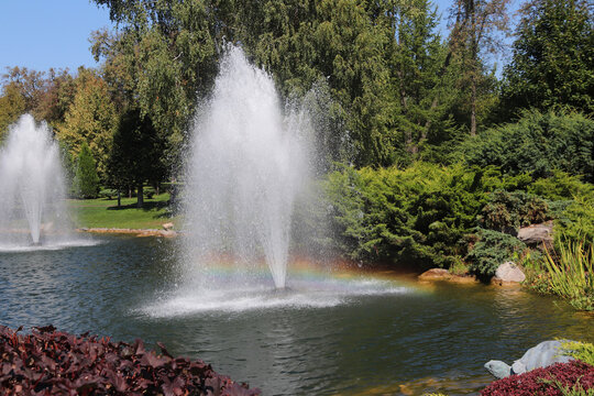 Rainbow in the park fountain in a sunny summer day. A riot of colors. Travel photos. Beautiful places for walking