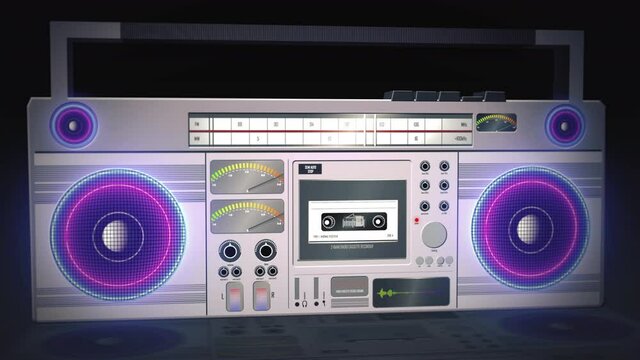 Vintage Cassette inserted into old 80s hifi boombox. Digital animation