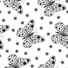 Butterflies black and stars on a white background seamless vector pattern. Flat hand drawn style.