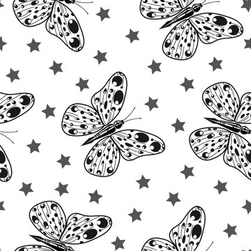 Butterflies black and stars on a white background seamless vector pattern. Flat hand drawn style.