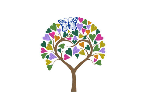 beautiful tree with heart shaped leaves vector illustrations, embroidery tree image