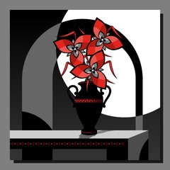 Abstract still life with a stylized bouquet of red flowers in a vase. Wall decor, poster design. Vector illustration.