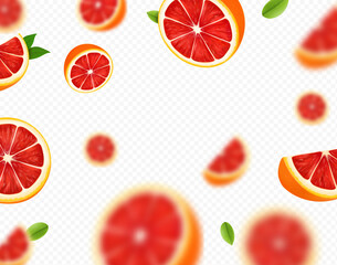 Ripe juicy tropical grapefruit falling on transparent background. . Blurred fresh citrus grapefruit slices. Vector illustration - obrazy, fototapety, plakaty