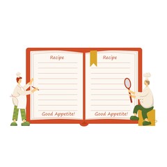 Cook chef with recipe book, hat, uniform from professional kitchen restaurant. Vector stock illustration isolated on white background for notebook, poster, online cooking course, class certificate.