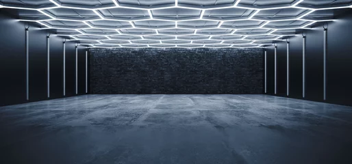 Sci Fi Futuristic Garage Hangar Studio Modern Hexagon White Neon Blue Lights Glowing Concrete Cement Showroom Underground Tunnel Corridor Background 3D Rendering © IM_VISUALS