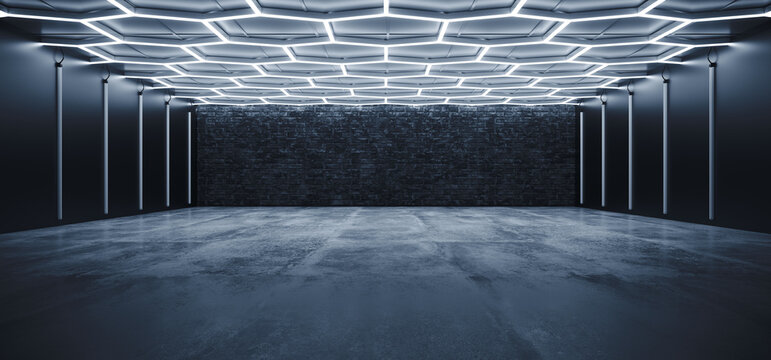 Sci Fi Futuristic Garage Hangar Studio Modern Hexagon White Neon Blue Lights Glowing Concrete Cement Showroom Underground Tunnel Corridor Background 3D Rendering