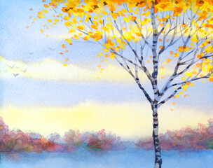 Watercolor landscape. Birch in the winter field