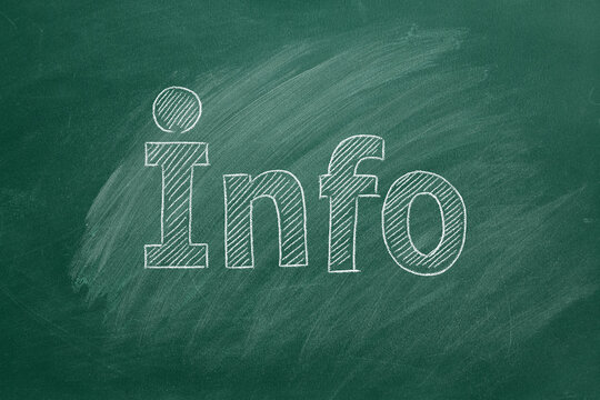 Lettering INFO drawn in chalk on a green chalckboard. Information support, customer support. FAQ concept