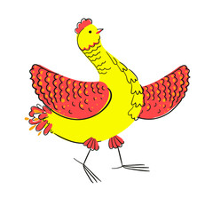 A cute yellow chicken in a simple style. Stock vector illustration isolated on a white background.