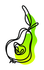 Vector illustration of pear in one line endless style. Green and yellow abstract spot background. Can be applied as a sticker, icon, logo.