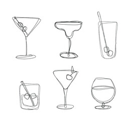Vector illustration of a set of glasses with cocktails in one line style. The collection can be used individually. Can be applied to icons, logos, stickers.