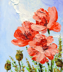 Oil painting. Red poppies in the field