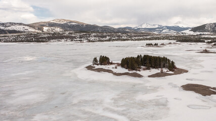 Aerial of Lake Dillon in winter 