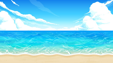 Fototapeta na wymiar 海と砂浜と空の風景イラスト_16:9