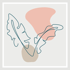 Modern exotic jungle plants illustration. Creative collage contemporary floral. Fashionable template for design. Palm tree line and vector. Spring and summer. Decor