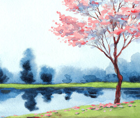 Watercolor landscape. Flowering tree by the lake