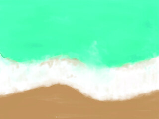 abstrakte Aquarellmalerei, schöner Strand mit blauem Wasser und Gischt aus der Vogelperspektive