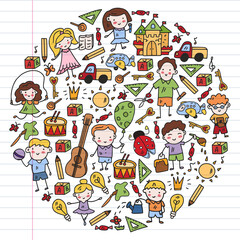 School, kindergarten with cute vector children. Creativity and imagination. Dancing, singing, painting, online education.