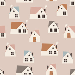 Seamless vector pattern with cute country houses. Vector cabins with colorful roofs on the grey background. Seamless pattern for wrapping paper and textile.
