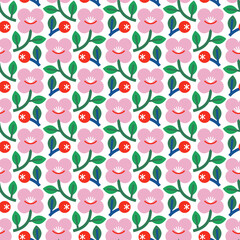 Stylish seamless pattern with pink flowers and red berries, green leaves and navy blue branches on the white background. Vector ornament with rustic national vibe for fabric, wrapping and wallpapers.