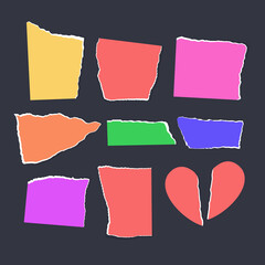 Ripped note of different colors, notebook grainy paper strips stuck on grey background. Vector illustration