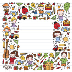 School, kindergarten with cute vector children. Creativity and imagination. Dancing, singing, painting, online education.