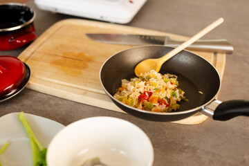 Home kitchen, simple recipes, cooking rice with vegetables