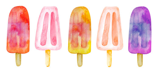 Popsicles on a stick in red-pink colors. Watercolor hand-drawn ice cream . Summer dessert. Perfect for poster, card, banner