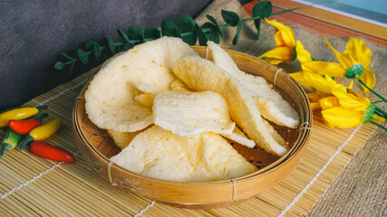 Selective Focus - Traditional Crackers White Kerupuk from Indonesia. The popular prawn crackers to accompany many Javanese and Balinese meals.