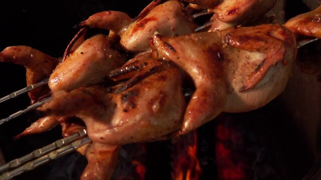 Close-up of delicious juicy quails on the skewer rotated above the open fire outdoors