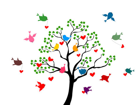 Birds trees and hearts vector illustration