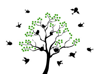 Elegant tree with flying birds silhouettes