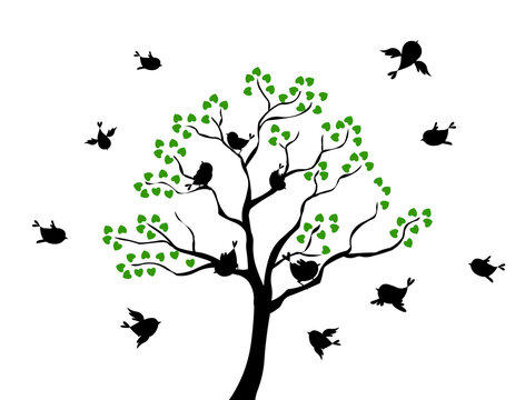 Elegant tree with flying birds silhouettes