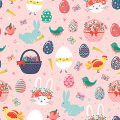 Hand drawn seamless pattern of cute Easter eggs, chicken, rabbit, bunny, chick in eggshell, flowers, butterfly, baskets, carrots, birds, hearts, leaves. Happy Easter spring floral sketch illustration