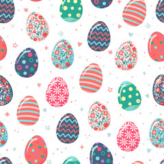 Fototapeta na wymiar Hand drawn seamless pattern of cute Easter eggs with patterns, flowers, lines, polka dots, circles and hearts with stars. Colorful Happy Easter spring sketch illustration for wallpaper, wrapping paper
