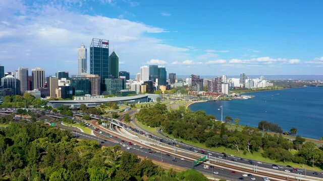 "PERTH, AUSTRALIA, JANUARY 16, 2020: Skyline of Perth viewed from Kings Park and Botanic Garden, Australia"