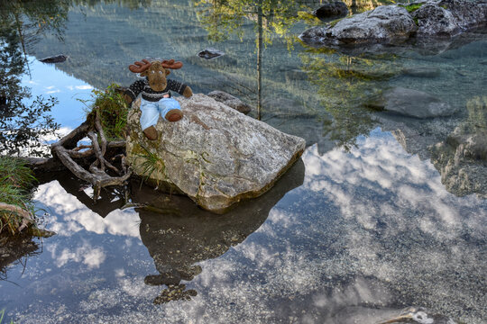 See, Hintersee, Ramsau, Berchtesgaden, Berchtesgadener Land, Elch, Kuscheltier, sonnen, Geweih, Pl&uuml;schtier, Stofftier, Malerwinkel, Ferchensee, Forchensee, Ramsauer Ache, Hochkalter,  Oberbayern, Wass