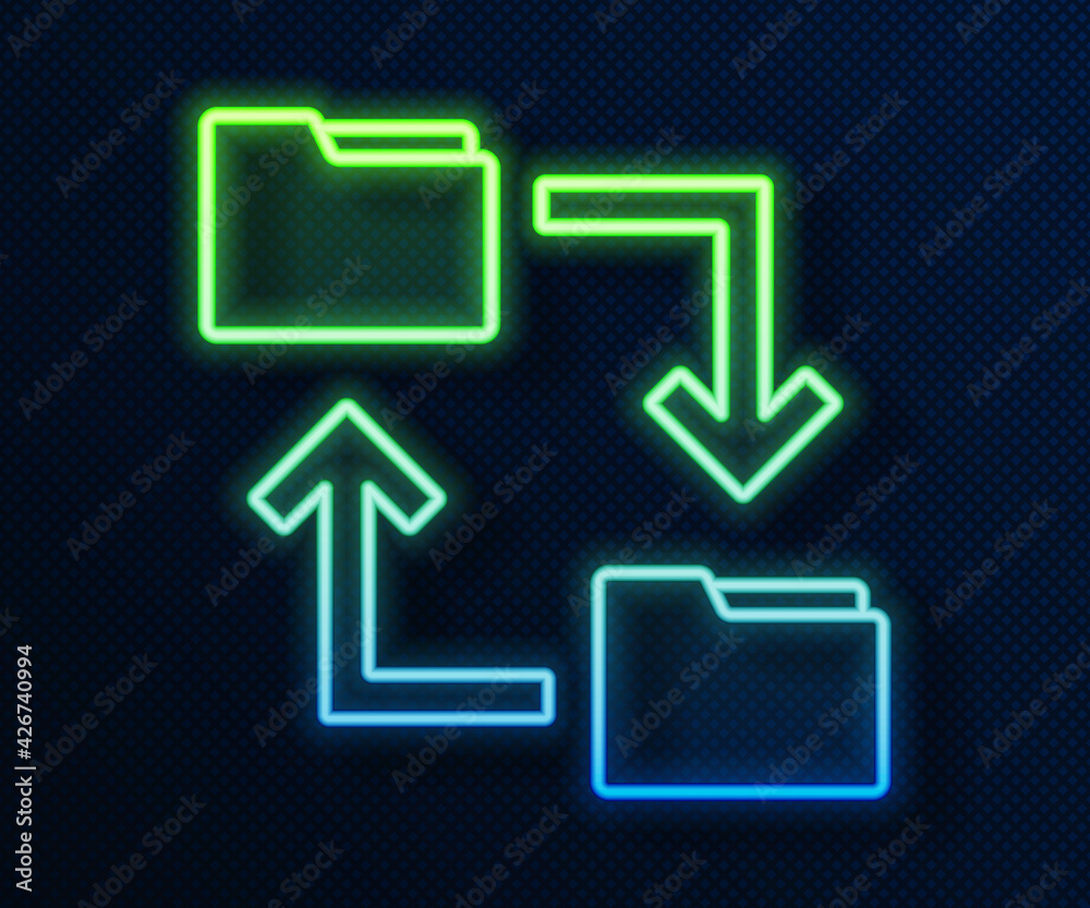 Fototapete Glowing neon line Cloud storage text document folder icon isolated on blue background. Vector