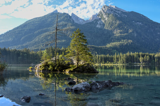 See, Hintersee, Ramsau, Berchtesgaden, Berchtesgadener Land, Malerwinkel, Ferchensee, Forchensee, Ramsauer Ache, Hochkalter,  Oberbayern, Wasser, Spiegelglatt, Spiegelbild, spiegeln, Oberfl&auml;che,  Somm