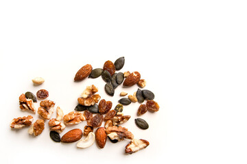 Various nuts on the white background. Selective focus, Top view.