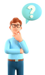 3D illustration of thinking man with question mark in speech bubble. Cartoon pensive businessman solving problems, feeling doubt or hesitation. Searching and finding a solution concept.