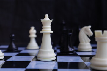 Game of chess. Chess is photographed on a chessboard.  Table games.  Strategy games.  Creative minimal concept. Strategy, management or leadership concept.  Business success concept.