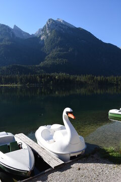 See, Hintersee, Ramsau, Berchtesgaden, Berchtesgadener Land, Boot, Schwan, Elektroboot, Malerwinkel, Ferchensee, Forchensee, Ramsauer Ache, Hochkalter,  Oberbayern, Wasser, Spiegelglatt, Spiegelbild, 