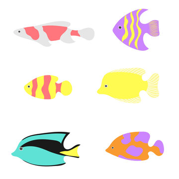 Cute cartoon fish icon set. Sea ocean animal. Flat design. Isolated on white background.