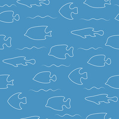 Seamless blue simple pattern with fishes and waves. Simple marine background