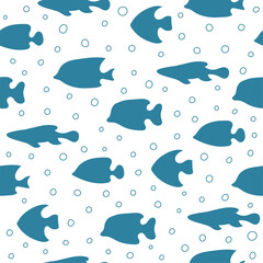 Obraz premium Seamless pattern of blue fish with bubbles on white background