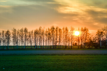 Obraz premium Sunset illuminating the spring fields. 